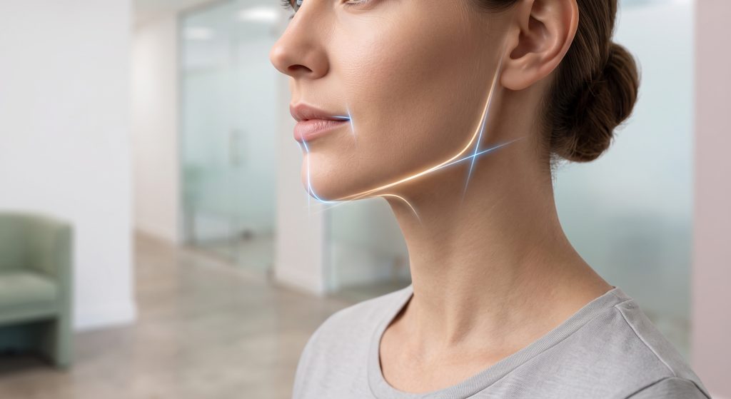 A highly aesthetic, photorealistic macro abstract profile visualization of a sharp, elegant jawline contour. Soft, futuristic warm golden and cool blue light lines gently tracing the geometric golden ratio proportions of the lower face and chin. Clean, luxury medical clinic background, white and soft pastel colors. 8k resolution, cinematic lighting. No text, no logos, no needles, no explicit anatomy, totally safe and premium medical aesthetic concept.