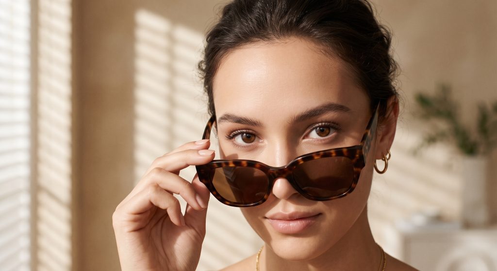 A highly aesthetic, Vogue editorial beauty close-up focusing on the upper half of a woman's face (flawless, perfectly smooth forehead and bright eyes). She is elegantly holding chic designer sunglasses slightly down, revealing a youthful eye contour with no crow's feet or wrinkles. Artistic, soft window blind shadows gently cast across the warm background. Luxury cosmetic dermatology concept. No medical devices, no needles, just premium beauty, youth, and a smooth complexion under natural sunlight. 8k resolution, photorealistic.